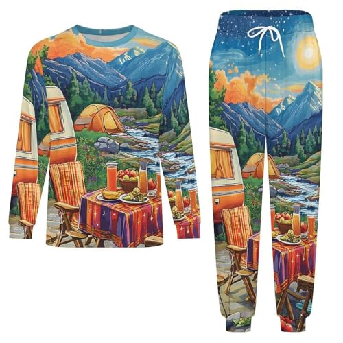 Camping And Sunset Pajama Set Long Sleeve Lounge Sets Sleepwear 2 Pjs Nightwear for Men Women3