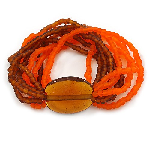 Avalaya Multistrand Brown/Orange Frosted Glass Bead Stretch Bracelet - 19cm