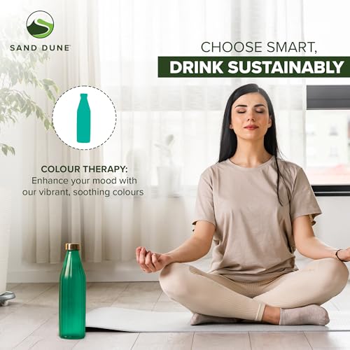Image of SAND DUNE TorquiseColour Glass water bottle, 800 ml Each, Set of 6, with Leak-Proof Airtight Stainless-Steel Lid for Water, Smoothie, Juices - Reusable Travel Glass Drinking Fridge Bottles