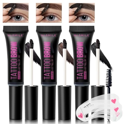 Tattoo Brow Gel Peel Off Augenbrauen Gel Tönung, lang anhaltende Tattoo Brow Tönung Gel, wasserdichte transferfeste Brauen Tattoo Tönung dauert bis zu 3 Tage, mit Brauen Schablone (3 Pcs)