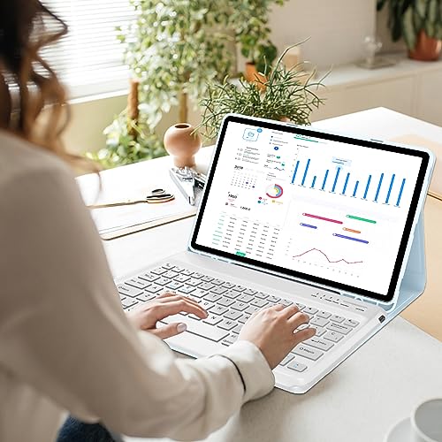 IVEOPPE Funda con Teclado para Samsung Galaxy Tab S8 Plus/S7 Plus/S7 FE 12.4", Teclado Español Ñ Bluetooth Inalámbrico Desmontable, Azul Cielo