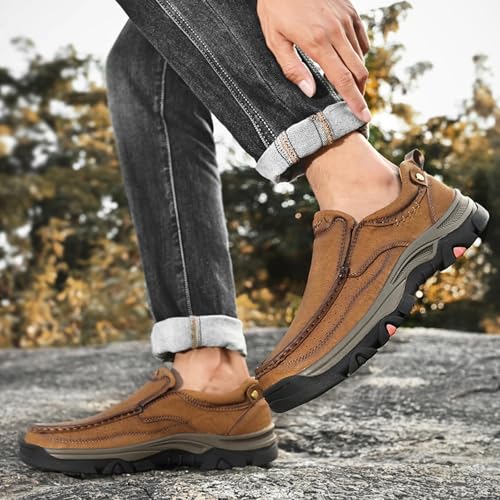 Mens Slip on Leather Loafers, Casual Walking Shoes, Comfortable Sneakers, Outdoor Waterproof Breathable Hiking Shoes3