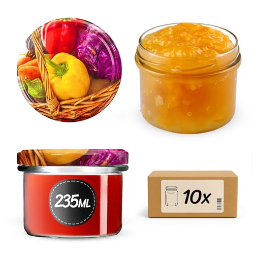 KADAX Tarros pequeños de 235 ml, tarros fi82, mini tarros para miel y condimentos, tarros de mermelada con tapa, tarros herméticos para regalar (pimientos, 10 unidades)