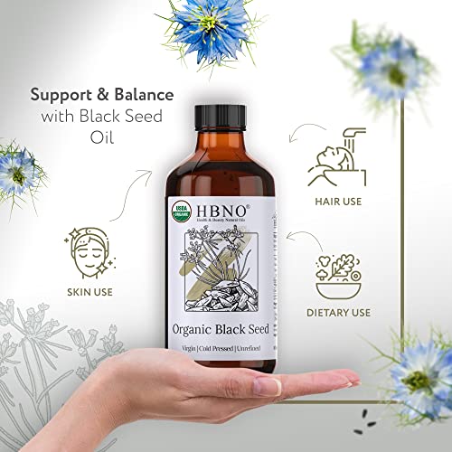 Hbno Organic Black Seed Oil Liquid 8 Oz (240Ml) - Usda Certified Organic Black Cumin Seed Oil - Pure Black Seed Oil Organic Cold Pressed For Face, Body, Lips, Shampoo & Condition #TOP1