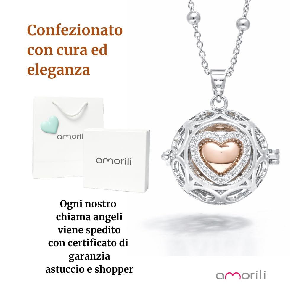 Collana Chiama Angeli Donna Gravidanza in Bronzo Placcato Argento – Ciondolo Cuore con Zircone Centrale – Gioiello Premaman Scintillante e Luccicante – Idea Regalo Dolce Attesa - cll1587