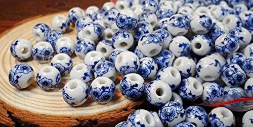 Calvas 50 unidslote de 0.394 in agujero grande grande cuentas de cerámica flor azul y blanco granos de porcelana hechos a mano DIY joyería