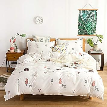 Duvet Cover Set Twin Size 3 Piece White Background with Pink Tree and Gray Deer Elephant Pattern, Includes 1 Duvet Cover and 2 Pillow Shams, Ideal for New Year Gifts and Home Decor