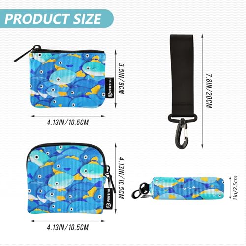 Cute Cartoon Fish Blue Women's Coin Wallet Card Holder Minimalist Business Card Holder with Wristlet Strap for Ladies 2 Packs4