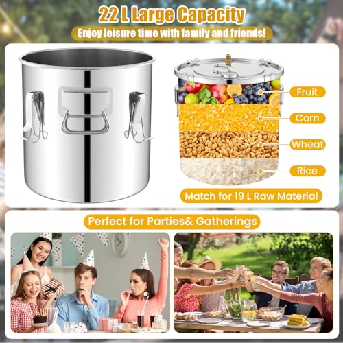 COSTWAY 3 Pot Moonshine Still Distiller, 22L 5Gal/38L 8.5Gal Stainless Steel Water Alcohol Distiller with Copper Tube, Built-in Thermometer & Thumper Keg, Wine Spirits Boiler Making Kit (22L 5Gal)