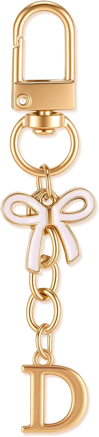 XGALBLA Small Cute Initial Keychain with Bow & Metal letter - Gold Letter Bag Charms for Women, Purse Handbag Accessories
