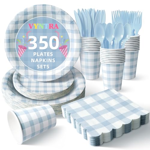 Vyntra 350 Pcs Blue Gingham Paper Plates and Napkins Set for 50 9 Dinner Plates & 7 Dessert Plate Baby Boy Shower Birthday Party