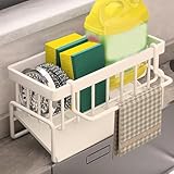 Générique Stainless Steel Kitchen Sink Storage Rack, Sink Caddy with Removable Tray and Hanging Rod – Compact Organizer Holder for Sponges, Brushes, Towels, and Cleaning Supplies (C White)