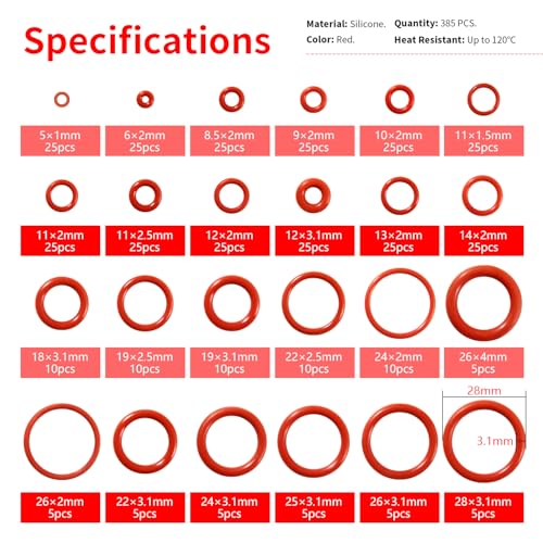 YIXISI 385 PCS 24 Sizes Red O-Rings Assortment Kit, Silicone Metric O-Rings, for Tap Plumbing Washer Seal & Auto Quick Repair - Image 2