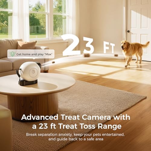 2026 3K Pet Camera Treat Dispenser, 32ft Remote — shown in a real home setting for scale