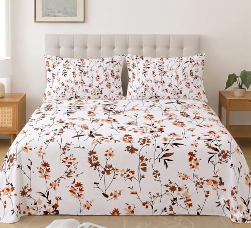 Image of IVAZA 240 TC Soft Ezyption Cotton Floral Print King Size Bedsheet - with 2 Pillow Covers, Hypoallergenic, Brethable, (Size- 90 x 90 Inch) Rust Orange