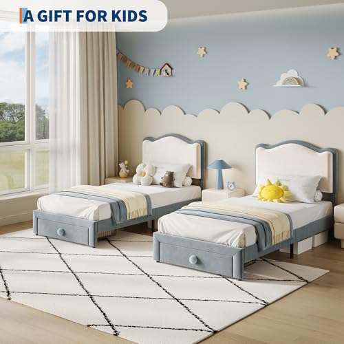 GarveeHome Upholstered Twin Bed Frame with Storage Drawer & Scallop Headboard, Cute Twin Size Platform Bed Frames for Boys, Girls, Wooden Slats Support, No Box Spring Needed, Blue/White
