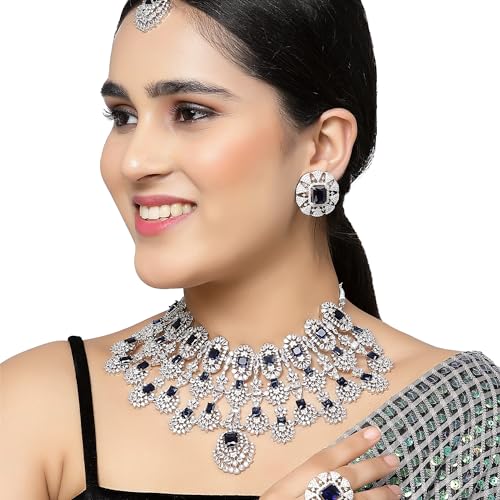 Image of ZENEME Rhodium-Plated American Diamond Studded Tasselled Necklace With Earrings Ring & MaangTikka Jewellery Set For Girls and Women