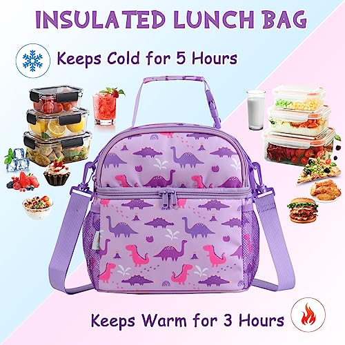 VASCHY Lunch Bag for Kids Insulated Lunch Box Double Compartments Cooler Lunch Tote for Toddlers Girls School/Daycare/Picnic Lilac Dinos - Image 4