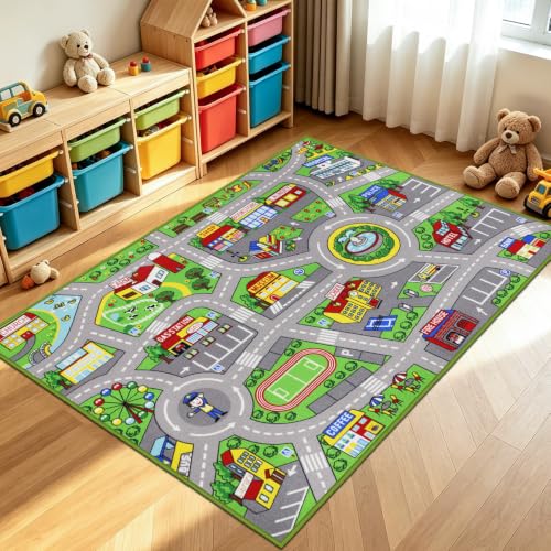Image of Kids Rug 3'3" x 5'2" City Life Playmat Area Rug Car City Map Washable Traffic Road Educational Learning Nursery Rug Carpet for Children Playroom Living Room Bedroom Classroom Decor Green