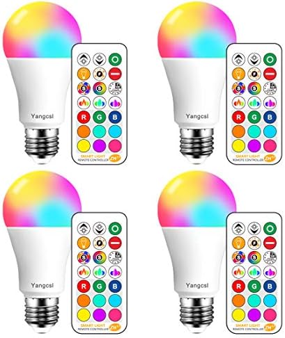 Yangcsl LED Light Bulbs 85W Equivalent 1200lm, RGB Color Changing Light Bulb, 6 Moods - Memory - Sync - Dimmable, A19 E26 Screw Base, Timing Remote Control Included (Pack of 4)