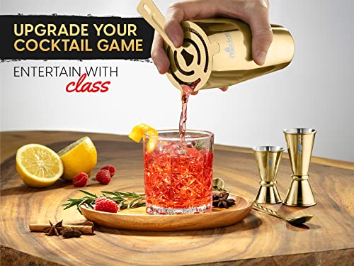 Rocksly Mixology Bartender Kit And Cocktail Shaker Set For Drink Mixing | Mixology Set With 6 Bar Set Tools And Bamboo Stand Makes It The Perfect Home Cocktail Kit | Complete Bartender Kit (Gold) #TOP3