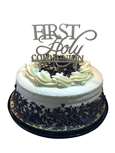 First Holy Communion Cake Topper - Church Celebration Cake Pick Supplies - Wooden Religious Party Cake Toppers - Brown Wood Unisex Boy Girl By Jolly Jon #TOP2