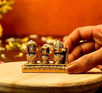 Divine-Interiors Brass Jagannath Puri, Balaram & Subhadra Idol Golden Antique Finish 2 Inch Murti for Home Temple, Office, Puja & Gifting Pack of 1