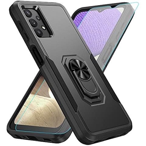 KSELF for Samsung Galaxy A32 5G Case, Samsung Galaxy A32 5G Case with Tempered Glass Screen Protector, Shockproof Military-Grade Phone Case with Ring Kickstand for Samsung Galaxy A32 5G (Black) Cover