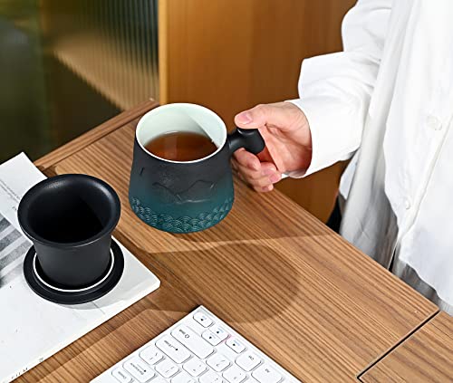 Ncqixiao Tea Cup With Infuser And Lid, Gradual Mountain And Spray Tea Mug Cups With Infuser, Wood Handle Ceramic Coffee Mug With Lid Tea 430Ml/14.50 Oz (Gradient Green) #TOP4