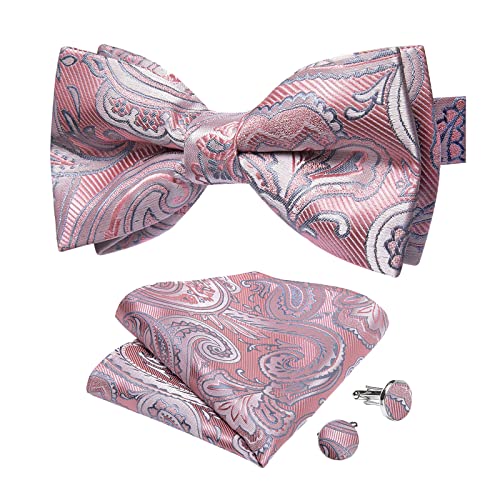 Image of DiBanGu Paisley Pre-Tied Bow Ties for Men Silk Adjustable Bowtie and Pocket Square Cufflinks for Wedding Party
