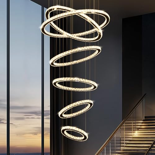 Tinkoso 6-Ring Modern Crystal Chandelier, 24" LED Ceiling Light with