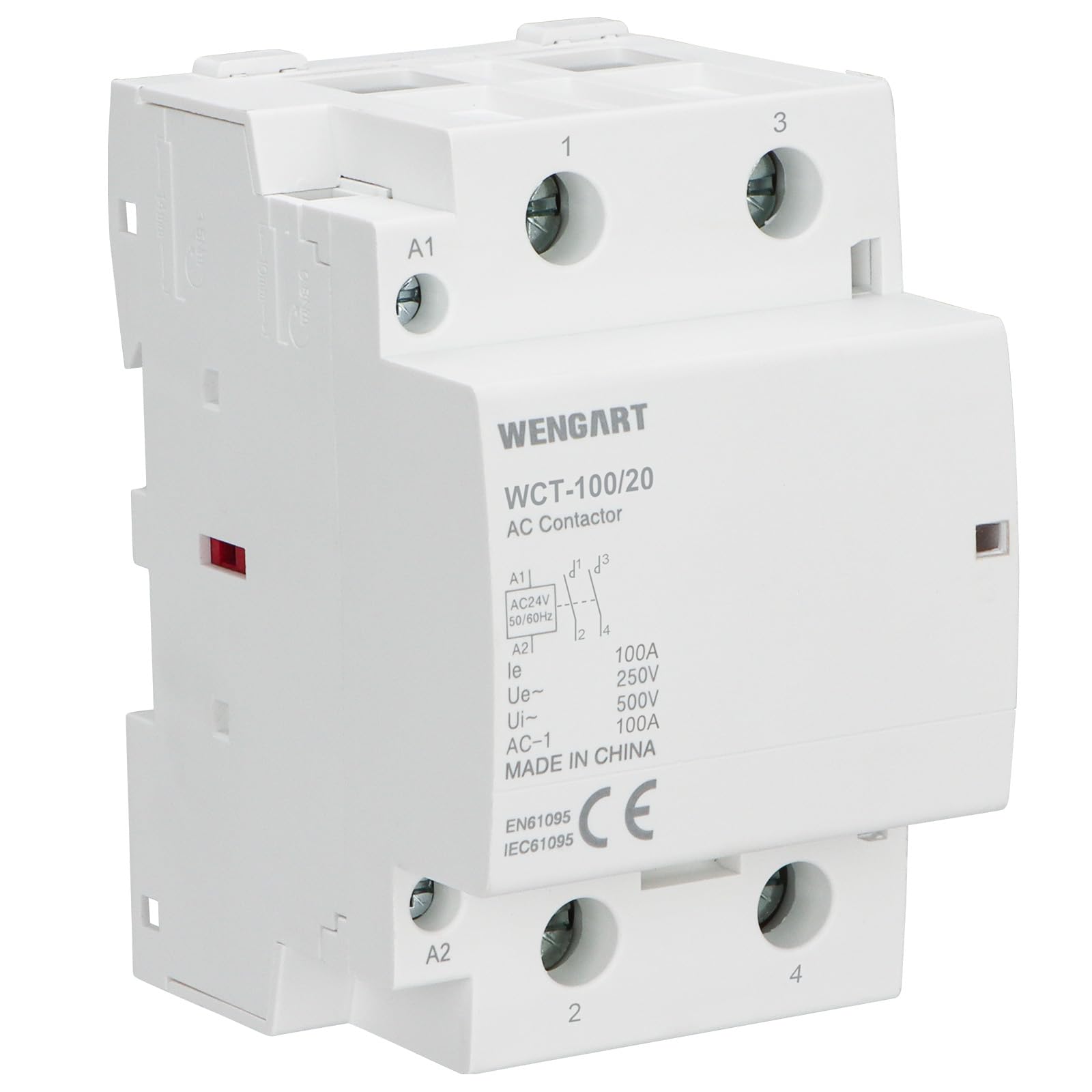 Wengart Contattore Modulare 2 Poli NO 100A, Bobina AC 24V, Teleruttore di Potenza per Ricarica Auto Elettrica, Pompe di Calore e Piscine, Montaggio su Guida DIN 54mm (3 Moduli), WCT-100