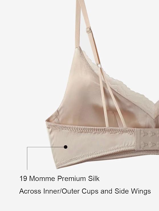 Silk Deep V Lace Bralette for Women Lined Bra No Underwire - Comfortable Natural Feeling Underwear