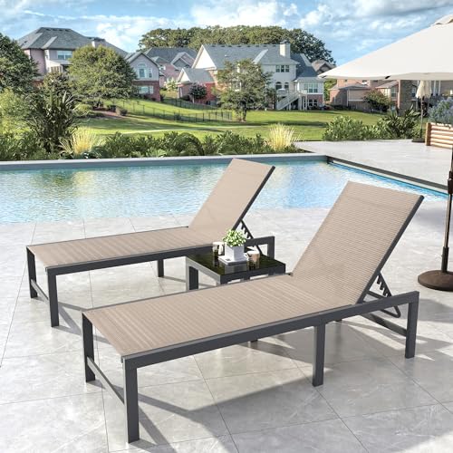 Outdoor Lounge Chair with Table, Pool Lounge Chairs Set of 3, Adjustable Poolside Chaise with Backrest for Sunloungers Lay Flat Sunbathing Recliner for Patio, Beach, Yard, Pool