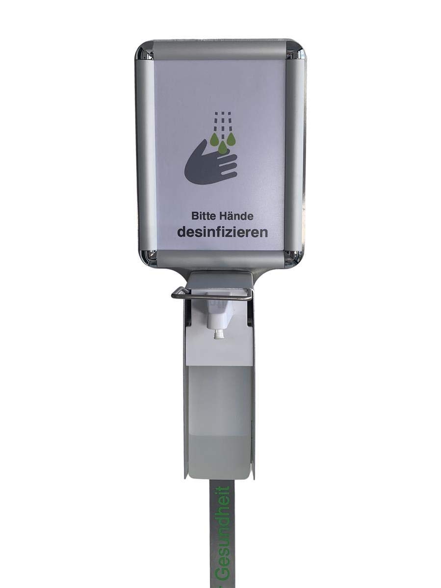 Hygienestation HS-600 mit Schild für Desinfektionsmittel | 500ml Behälter | Sockel Edelstahl verkleidet