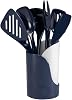 Hutzler 7-Piece Mini Melamine Cooking Utensils and Storage Crock Set, Includes 7.5 Inch Long Fork, Slotted Spoon, Solid Spoon, Ladle, Spreader and Slotted Turner Blue
