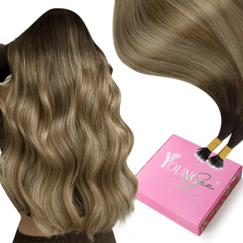 YoungSee Nano Link Hair Extensions Human Hair Brown Nano Bead Hair Extensions Balayage Dark Brown with Blonde Human Hair Extension Nanoring 1g/strands Nano-Tips Remy Hair for Wedding 16 Inch 50g