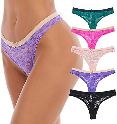 JUCHEN Women's Thongs-Pack of 5 Sexy All Lace T Back Panties for Women (S), Pink, Rose Red, Green, Black, Purple