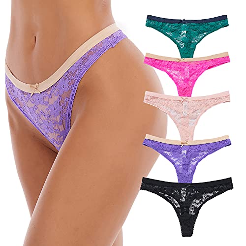 Juchen Women's Thongs-Pack Of 5 Sexy All Lace T Back Panties For Women (S), Pink, Rose Red, Green, Black, Purple #TOP2