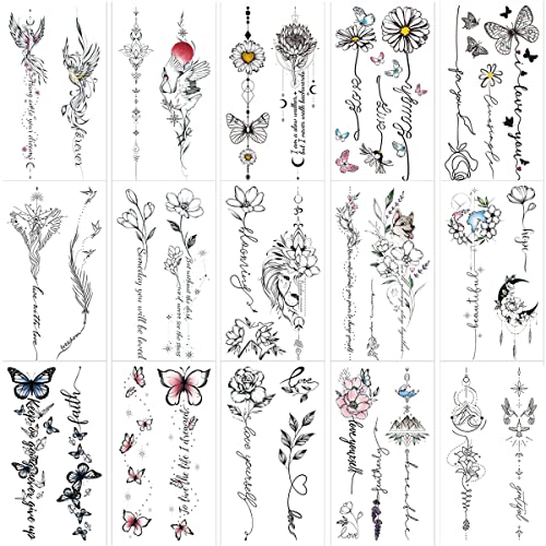 Viwieu Realistic Temporary Tattoos Flower Butterfly Daisy Bird Inspiration Sayings Body Art For Adult Women Girls 15 Sheets, Waterproof Finger Hand Arm Chest Shoulder Clavicle Lower Back Body Décor #TOP7