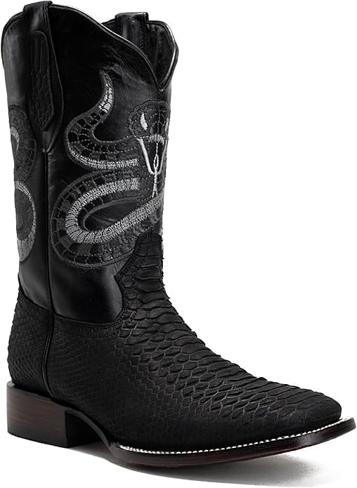 Men’s Genuine Leather Exotic Python Snakeskin Print Square Toe Cowboy Western Boots - Black