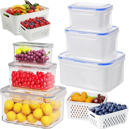 RNOSOPN Fruit Storage Containers for Fridge with Removable Colanders, Household Transparent Plastic Food Storage Box-Including Drain Basket, Breathable Fruit Containers (Blue, S)