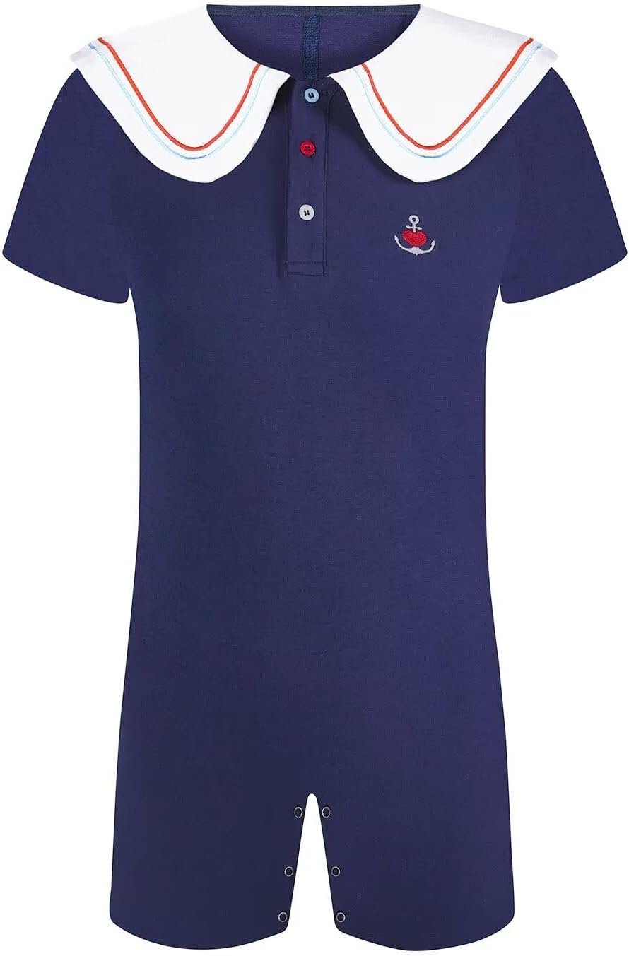 Landofgenie Men’s Cotton Onesie Sailor Collar Bodysuit Short Sleeve Print Romper Pajama - Captain