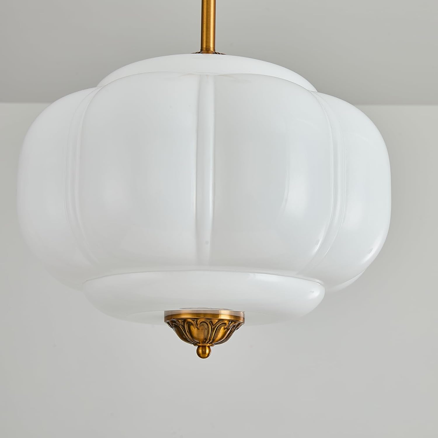 15-Inch Vintage Semi Flush Mount Ceiling Light, Milk Glass Chandelier with Antique Brass Finish, Mid Century Modern Schoolhouse Pendant Light Fixtures for Kitchen, Hallway, Dining Room