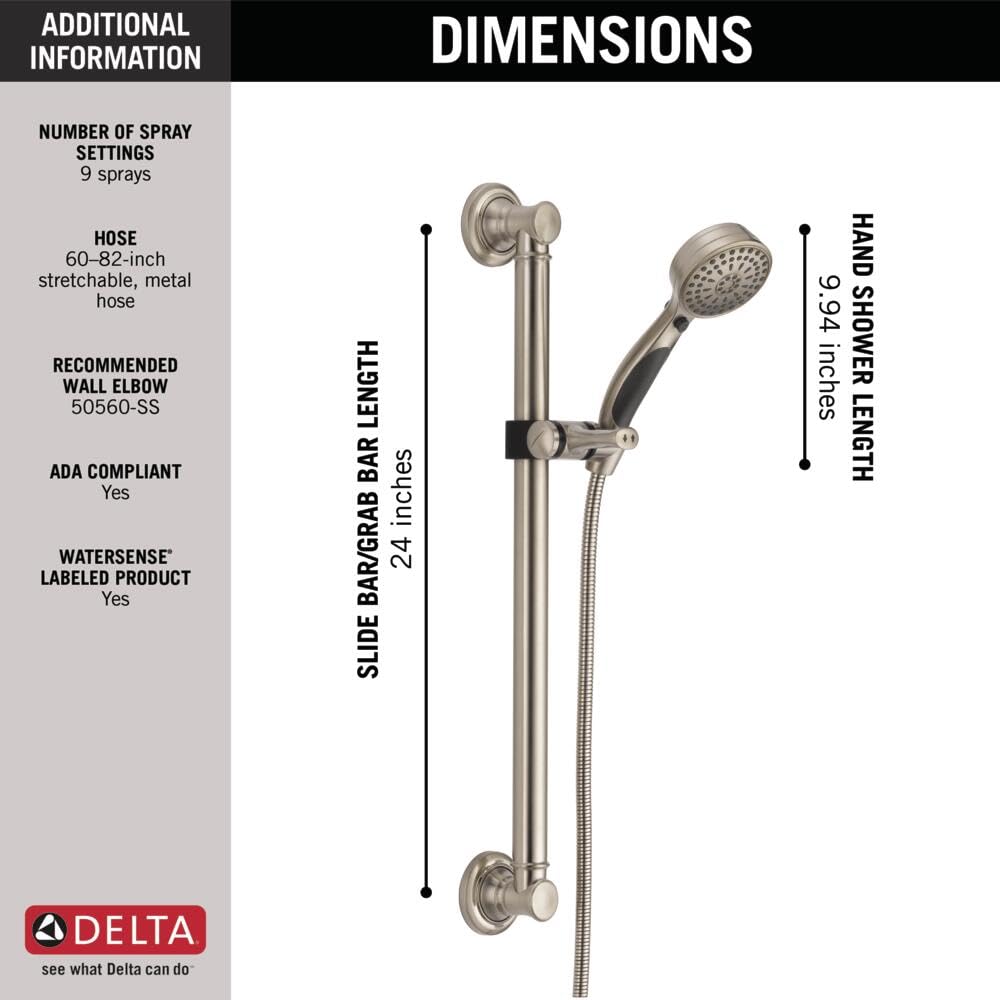 Delta, 51900-SS, doccetta a parete a 9 getti, con barra scorrevole e soffione doccia a mano, con tubo, in acciaio, nichel spazzolato