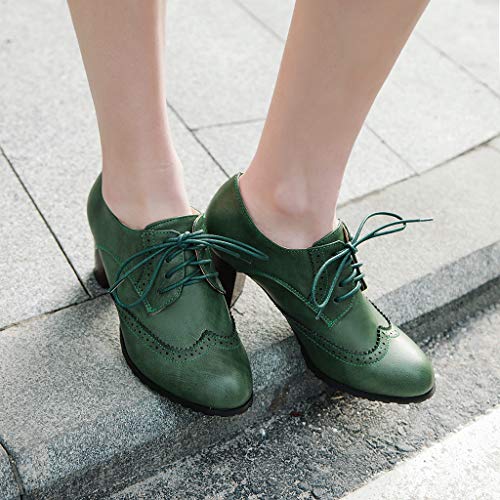 Mioke Women's Lace Up Wingtip Pump Oxfords Brogues Perforated Chunky Block High Heel Vintage Dress Shoes Green #TOP6