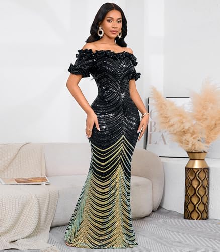 Image of dasmzper Women Sexy Sequin Off Shoulder Ruffle Short Sleeve Bodycon Mermaid Party Formal Evening Maxi Dress