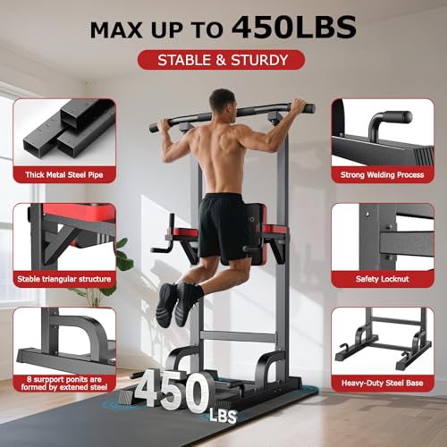 image for Pooboo Power Tower Dip Station Pull Up Bar for Fitness Home Gym Workou