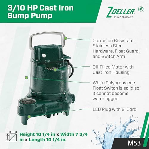 Zoeller - Mighty Mate M53 Sump Pump - 3/10 HP - Cast Iron - LED Power Plug & 9’ Cord - Vortex Impeller - Stainless Steel Hardware - Float Operated - Submersible Sump Pump - 115V by Zoeller - Image 2