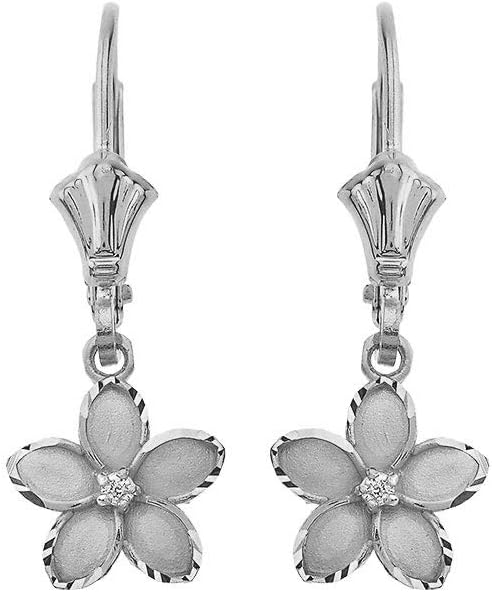 Elegant Gold Solitaire Diamond Hawaiian Plumeria Flower Dangle Earrings, 0.95"